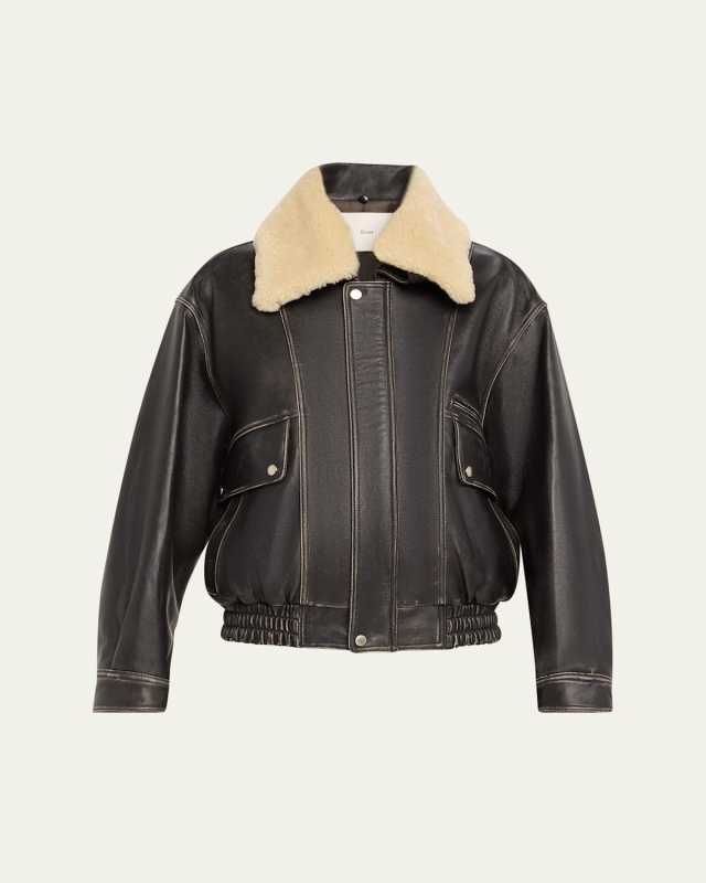 Blouson Leather Jacket with Detachable Shearling Collar